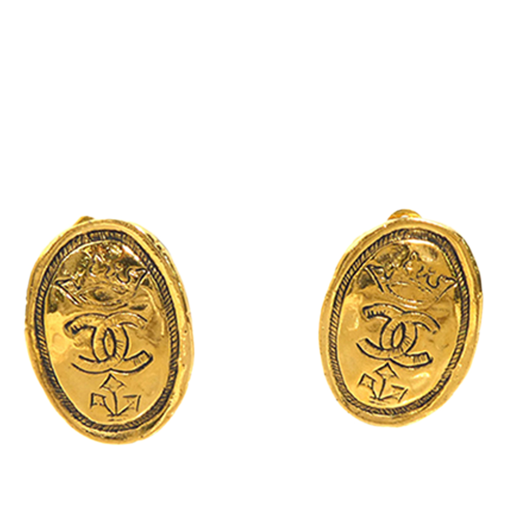 Pre-Loved Chanel CC Gold Plated Crown Oval Clip On Earrings